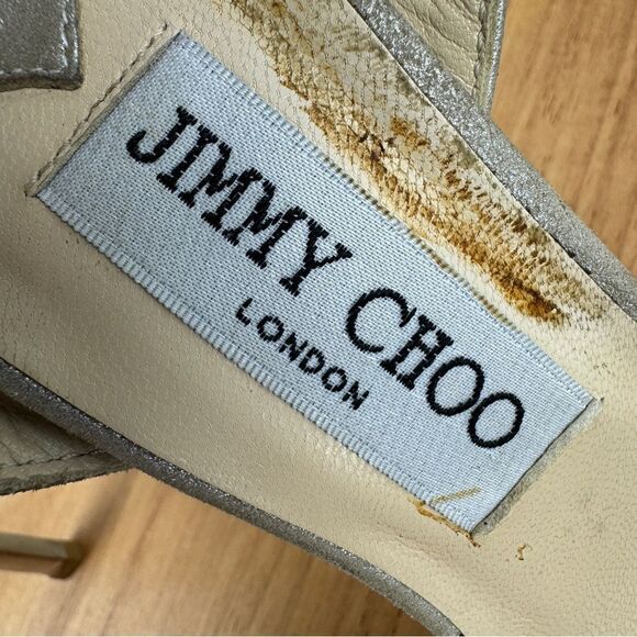 Jimmy Choo 015 Lancer Crystal Suede Strappy Heels Shimmer Silver Open Toe 37 - Picture 12 of 12